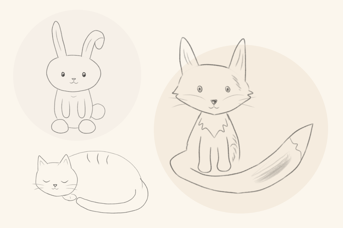 Six finished pencil drawings: a sleeping cat, folded-ear bunny, curious puppy, frog on a lily pad, swimming axolotl, and seated fox with a sweeping tail.