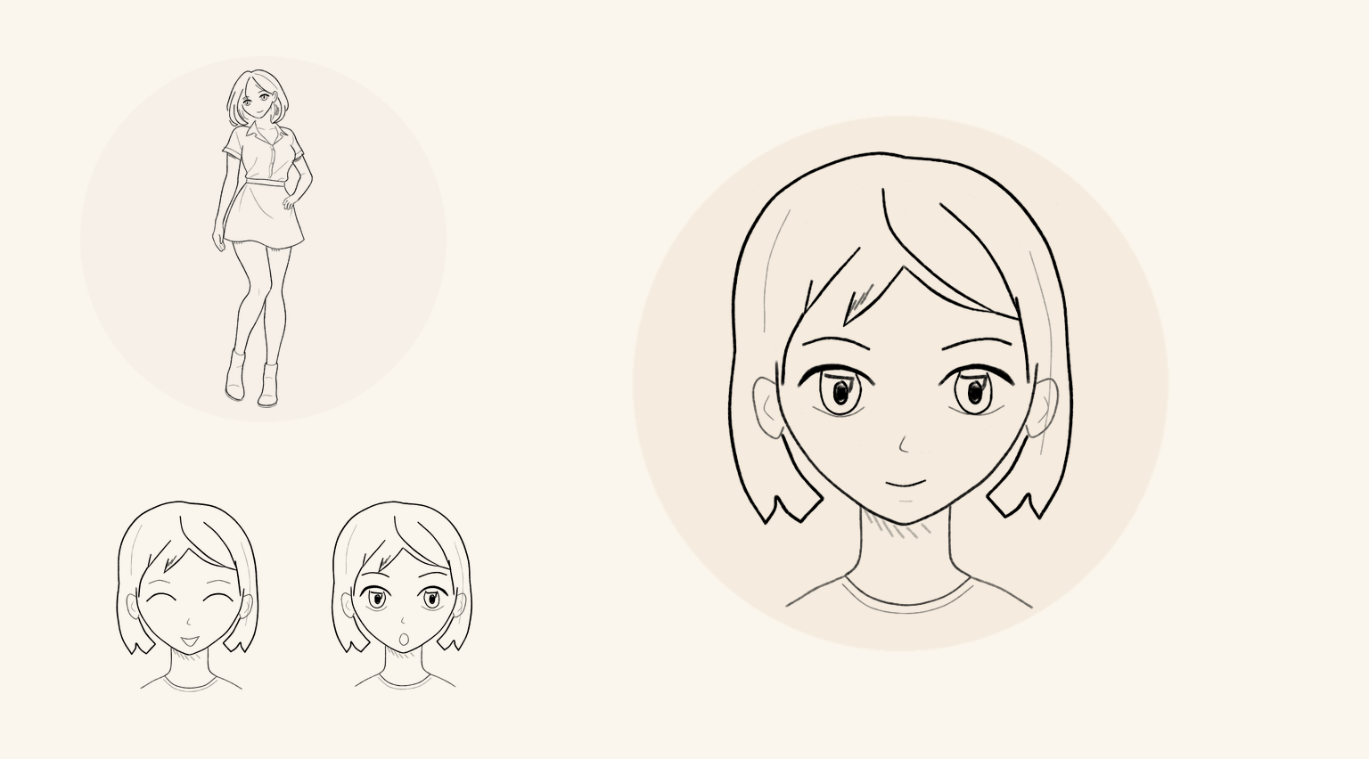 Three course drawings: a girl’s face in three-quarter view, a boy’s upper body in a shirt, and a full-body girl in a blouse and skirt.