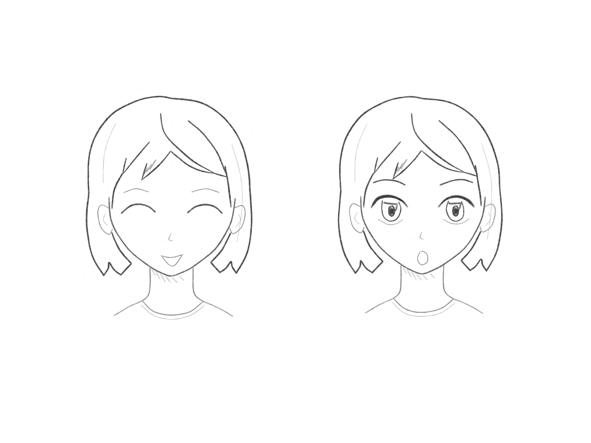 Draw two versions of the same character: happy on the left and surprised on the right.