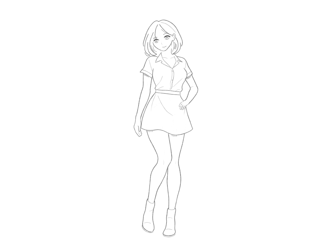 Practice Drawing: Adult Character. The character has a tilted head and bobbed hair. She wears a blouse, a skirt, and boots. Her one hanging hand and her hip holding hand make for a nice pose.