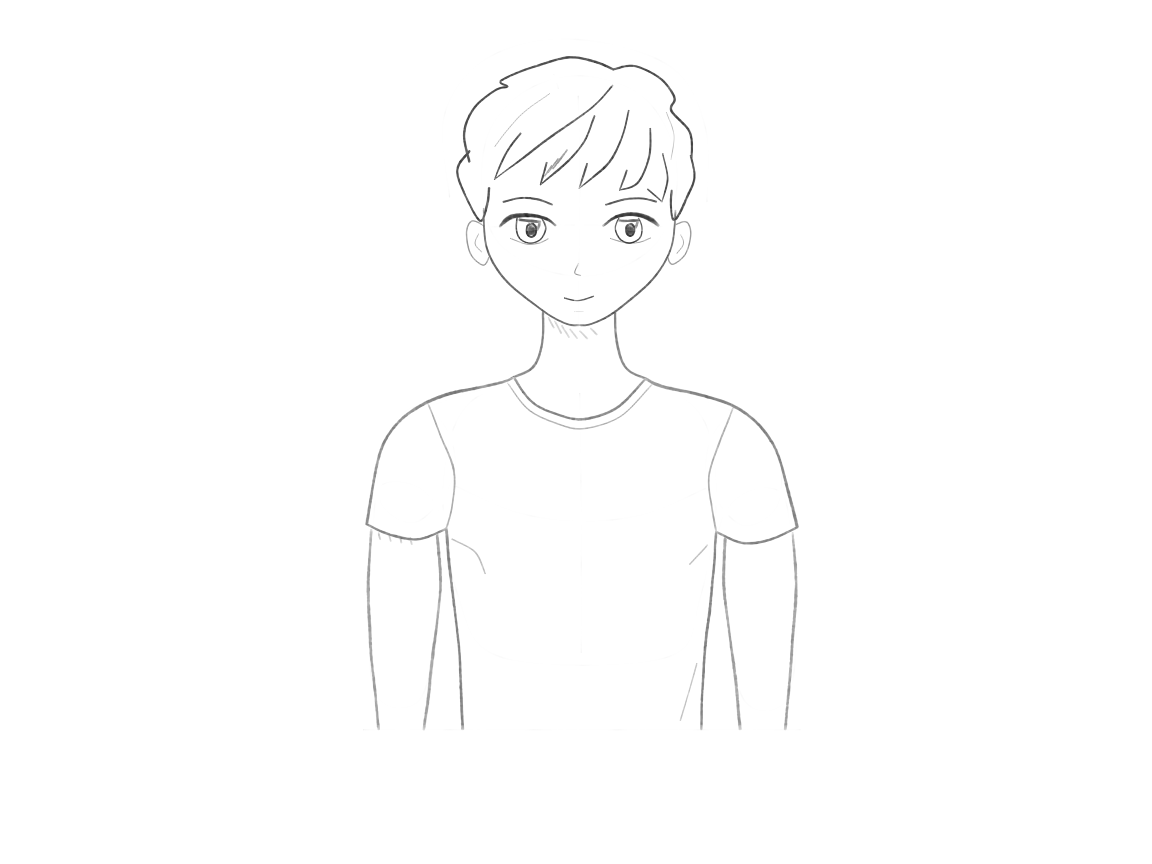 Chest-up anime character with short swept hair, relaxed shoulders and a simple shirt. Both upper arms are visible below the curved sleeve openings.