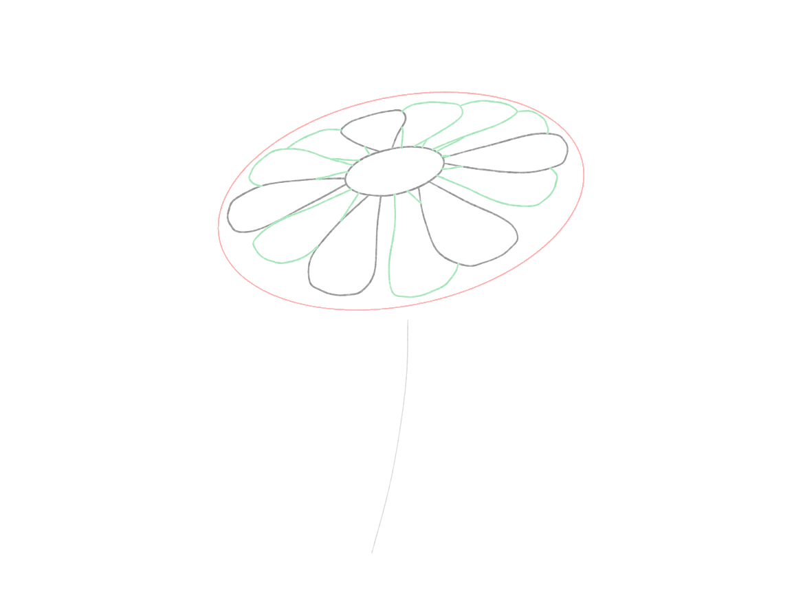 Draw a Daisy Turned to One Side: checkpoint 3, complete the broad petal ring