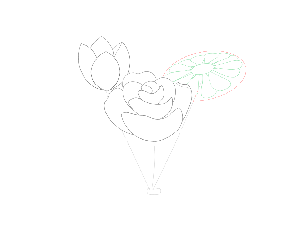Draw a Small Flower Bouquet: checkpoint 4, build the tilted daisy behind the rose