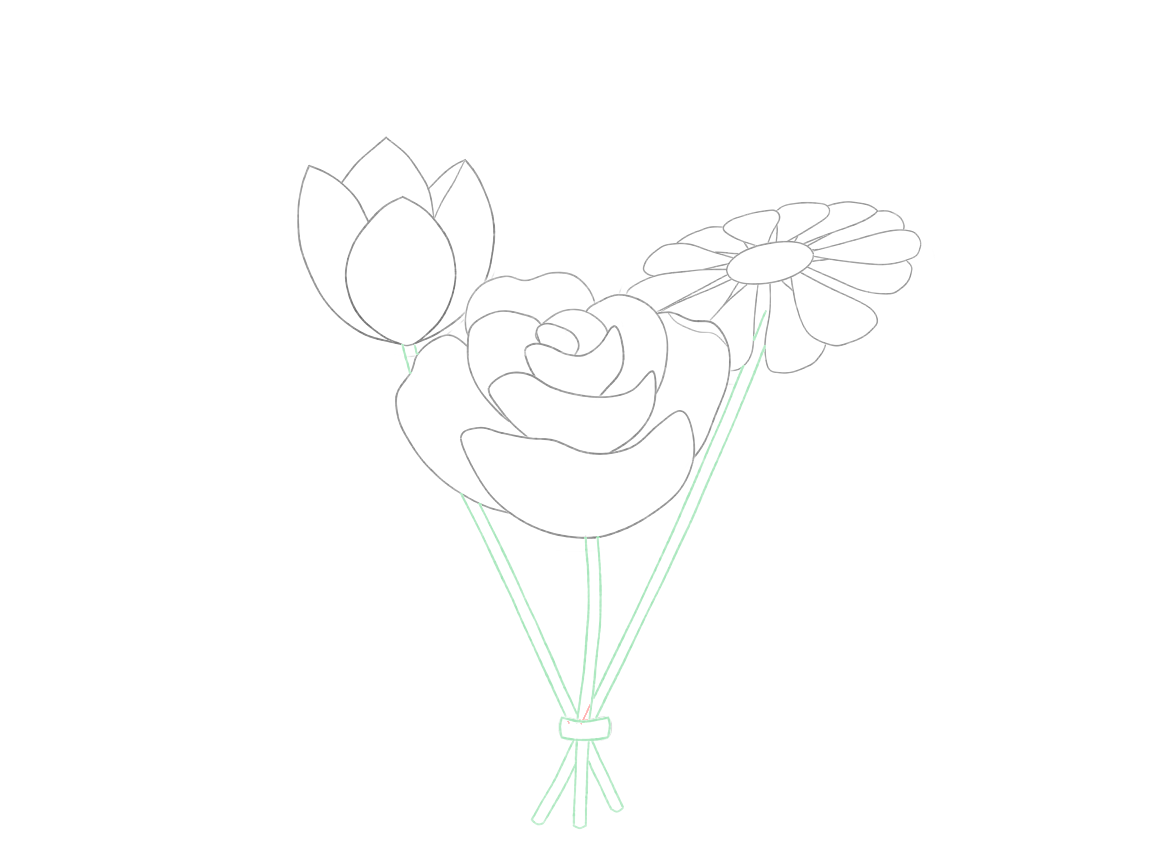 Draw a Small Flower Bouquet: checkpoint 5, connect the stems and small band