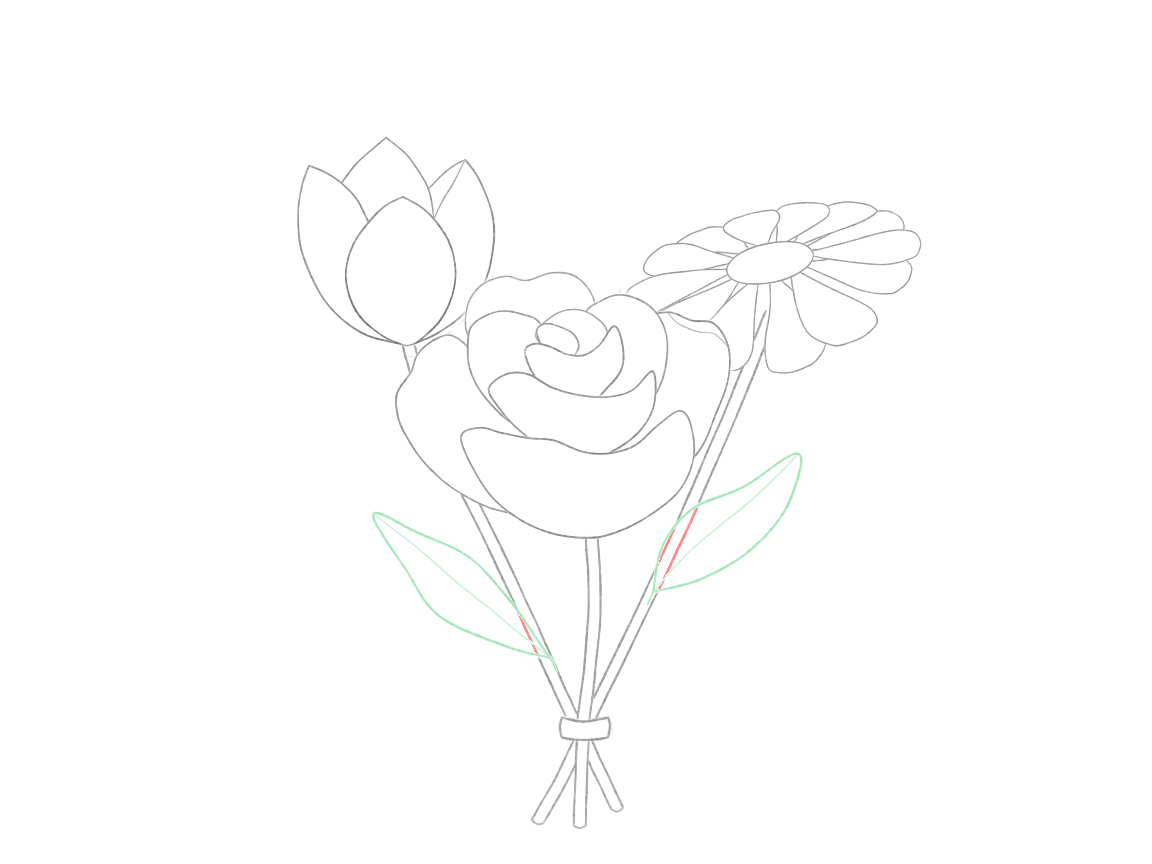Draw a Small Flower Bouquet: checkpoint 6, add two leaves and their turning curves