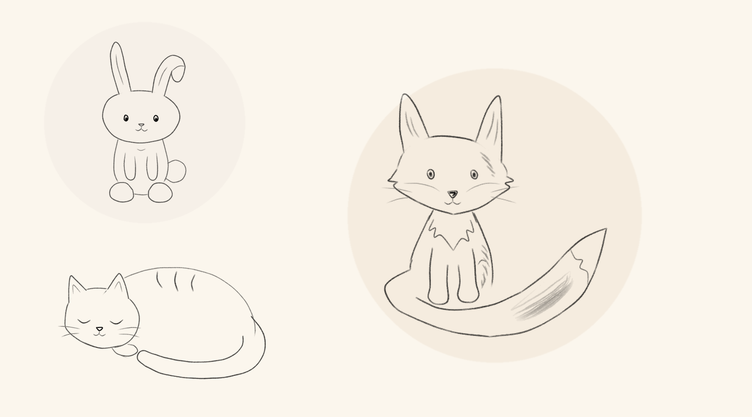 Pencil drawings of a folded-ear bunny, a sleeping cat, and a seated fox with a sweeping tail, arranged together on warm cream paper.
