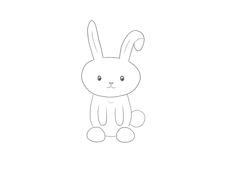 A seated bunny with a broad head, one upright ear and one folded tip, small front paws and broad back feet.