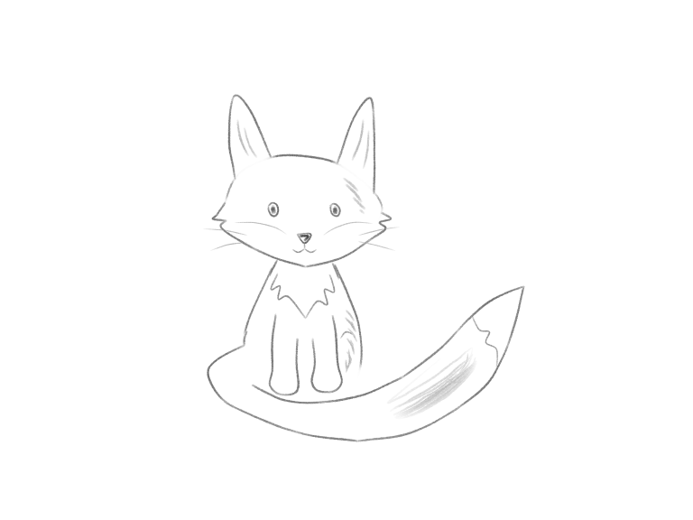A seated fox with pointed ears, cheek shapes, a centered face, a light chest and a large tail sweeping across the foreground.