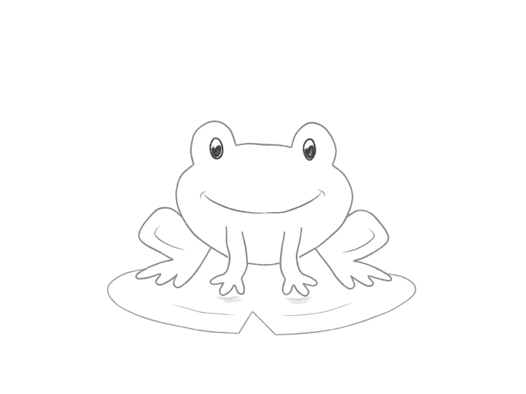 A smiling frog with raised eyes, visibly folded back legs and four feet resting on a notched lily pad.