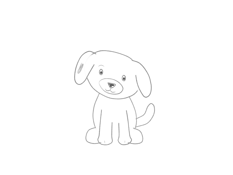 A curious seated puppy with a gently tilted head, floppy ears and a face aligned with the tilt.