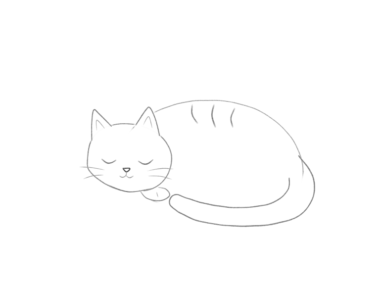 A sleeping cat curled into a broad body, with its head resting at the left and a tail wrapped beneath the front paw.