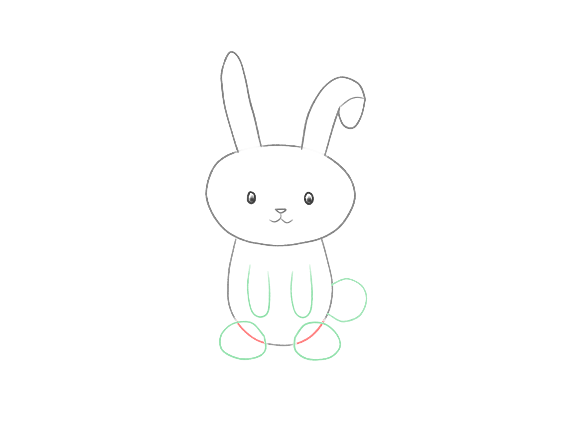 Draw a Cute Bunny with One Folded Ear: checkpoint 4, add paws, feet, and tail
