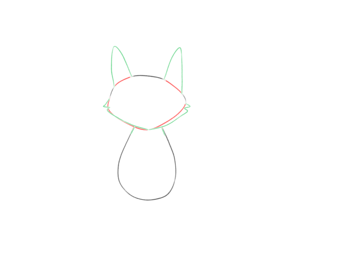Draw a Cute Fox with a Sweeping Tail: checkpoint 2, shape the ears, cheeks, and muzzle