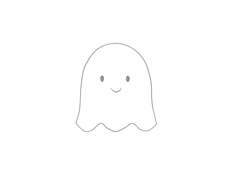 A smiling pencil-drawn ghost with a rounded body, a wavy bottom and two small eyes
